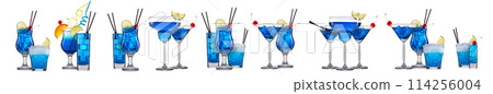 Set of blue cocktails with decoration from fruits isolated on white background 114256004
