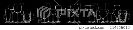 Silhouette of multicolor different glasses on black background 114256013