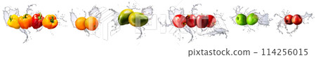 Group of fruits with water splash isolated on white background 114256015