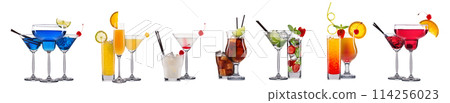 Set of cocktails with decoration from fruits isolated on white background 114256023