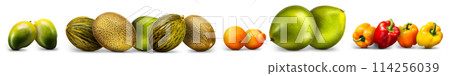 Group of fruits isolated on white background like mango. melon and orange Group of fruits isolated on white background like mango. melon and orange 114256039
