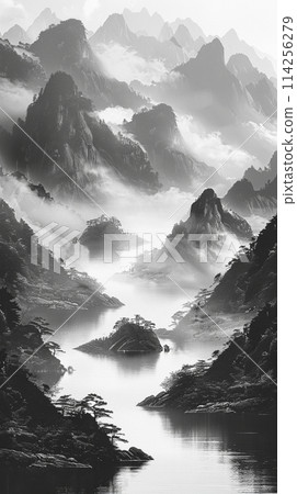 Ink painting style mountain landscape illustration Ink painting style mountain landscape illustration 114256279