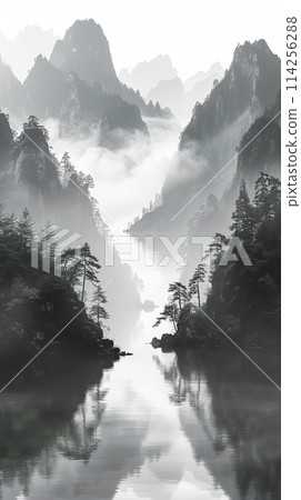 Ink painting style mountain landscape illustration Ink painting style mountain landscape illustration 114256288