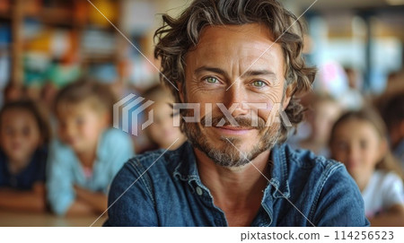 Adult male teacher smiling in front of classroom. World Teachers Day 114256523