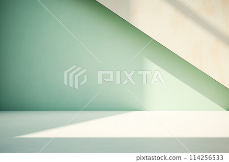Abstract background banner. Sunlit space with mint green and beige linear walls and a flat floor. AI generated image. 114256533