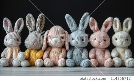 Colorful plush toy bunnies lined up with spring flowers on a blue background. 114256712
