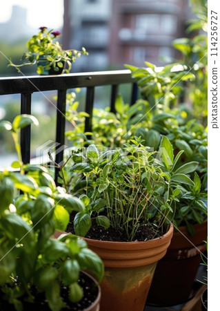 Assorted fresh herbs growing in containers on a balcony. 114256727