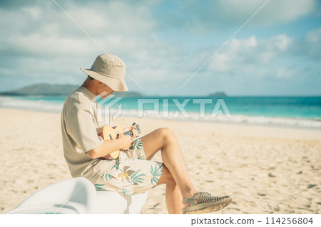 A young man plays the ukulele on a sandy Hawaiian beach with the turquoise ocean in the background A young man plays the ukulele on a sandy Hawaiian beach with the turquoise ocean in the background 114256804