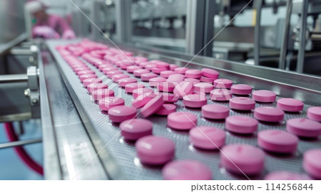 Pink tablets on conveyor belt in pharmaceutical production line. 114256844