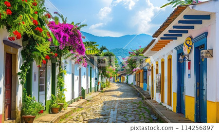 Colorful colonial houses on a cobblestone street adorned with vibrant flowers. 114256897