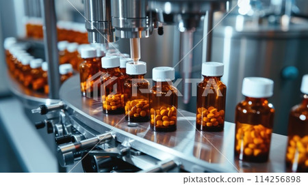 Automated bottling line for orange pills in amber bottles. Industrial close-up photography. 114256898