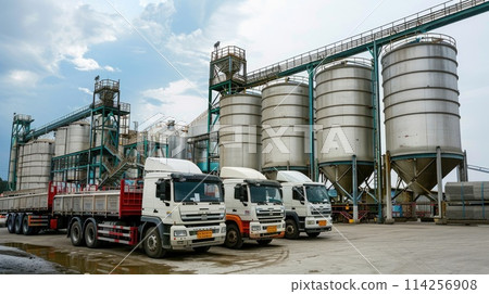 Industrial grain silos with parked delivery trucks at a distribution facility. 114256908