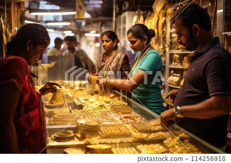 A radiant young woman with a cheerful smile examines exquisite pieces of jewelry 114256918