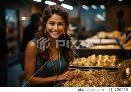 Radiant Woman Shopping for Gold Jewelry at a Boutique 114256919
