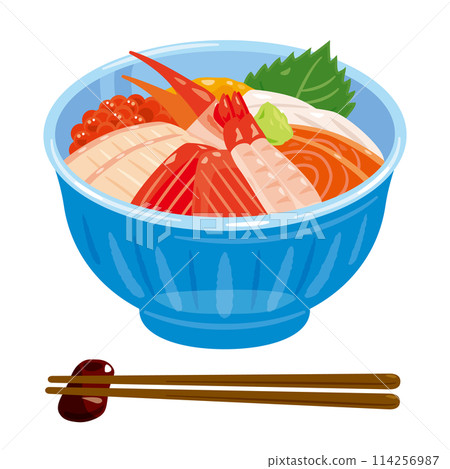 Bowl of rice topped with sashimi  114256987