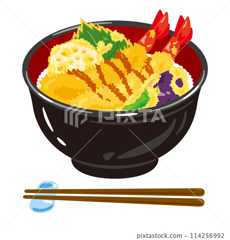 Bowl of rice and fried fish 114256992
