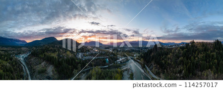 Aerial View of the River and Mountains. Dramatic Cloudy Sky. 114257017