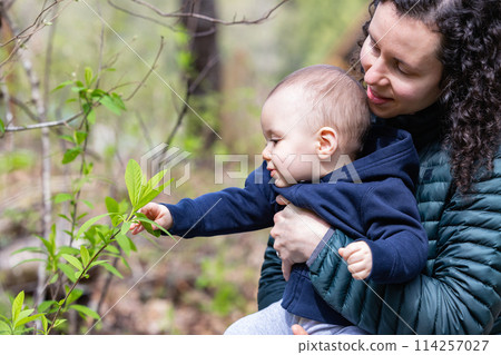 Caucasian Baby Boy and Mother in Forest playing with branches and trees. Caucasian Baby Boy and Mother in Forest playing with branches and trees. 114257027