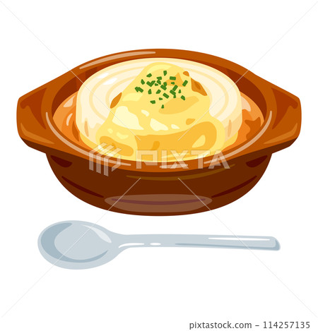 整顆洋蔥焗湯放在盤子裡 114257135