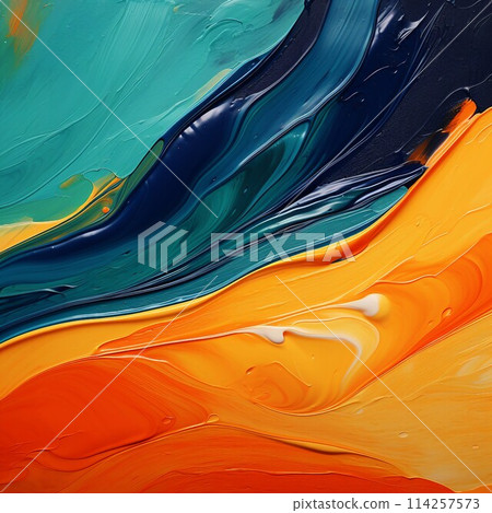 3D oil painting abstract background square banner) Wet orange, teal and navy curves. AI generated image 114257573