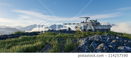Armored Tank outside in Nature with Mountain Landscape in Background. 3d Rendering Armored Tank outside in Nature with Mountain Landscape in Background. 3d Rendering 114257590