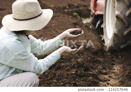 A woman checking the soil in a field 114257646