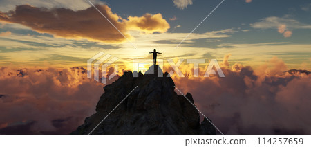 Adult adventurous woman standing on top of a snow peak. Mountain adventure artwork 114257659