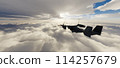 Military Aircraft flying over the Clouds. 3d Rendering 114257679