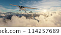Single Engine Airplane flying over dramatic mountain landscape at sunset. 3d Rendering 114257689