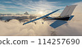 Single Engine Airplane flying over dramatic mountain landscape at sunset. 3d Rendering 114257690