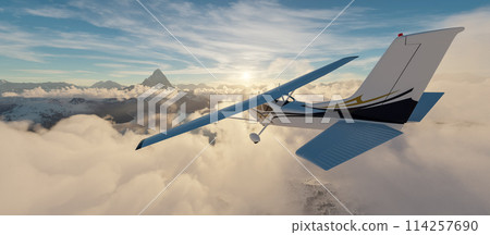 Single Engine Airplane flying over dramatic mountain landscape at sunset. 3d Rendering Single Engine Airplane flying over dramatic mountain landscape at sunset. 3d Rendering 114257690