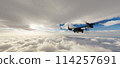 Military Aircraft flying over the Clouds. 3d Rendering 114257691