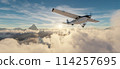 Single Engine Airplane flying over dramatic mountain landscape at sunset. 3d Rendering 114257695