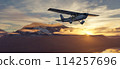Single Engine Airplane flying over dramatic mountain landscape at sunset. 3d Rendering 114257696