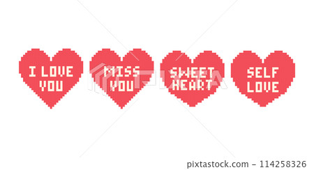 Pixel heart set with text in retro style. Vintage love symbol, 8 bit valentines day set. Pixel art for computer game. Pixel heart set with text in retro style. Vintage love symbol, 8 bit valentines day set. Pixel art for computer game. 114258326