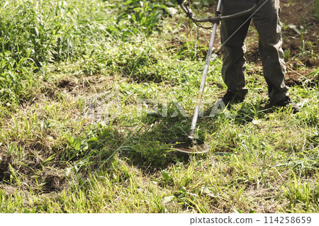 Man cutting weeds with a lawnmower 114258659