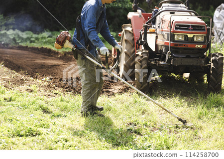 一名男子用割草機割草 114258700
