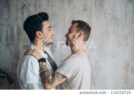 Cay couple enjoy togetherness indoors, kiss each other 114258720