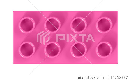 Hot Pink Lego Block Isolated on a White Background. Close Up View of a Plastic Children Game Brick for Constructors, Top View. High Quality 3D Rendering with a Work Path. 8K Ultra HD, 7680x4320 114258787