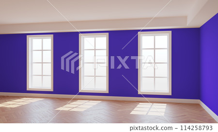 Empty Violet Interior with Three Large Windows, Light Glossy Herringbone Parquet Floor and a white Plinth. Beautiful Concept of the Empty Room. 3D Rendering, Ultra HD 8K, 7680x4320, 300 dpi 114258793