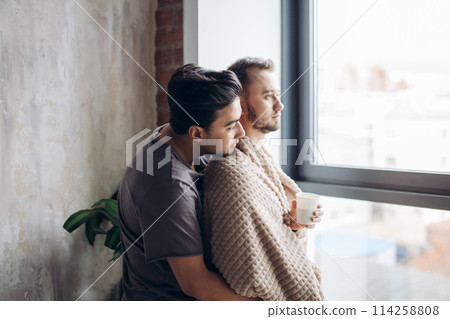 two handsome homosexual guys while standing near window 114258808