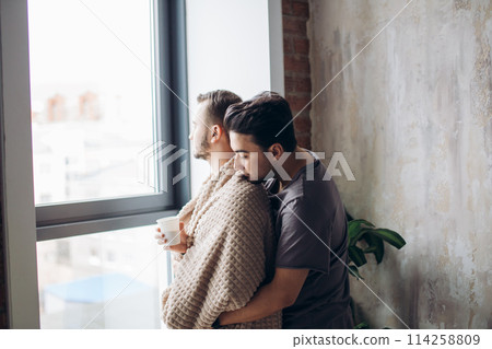 two handsome homosexual guys while standing near window 114258809