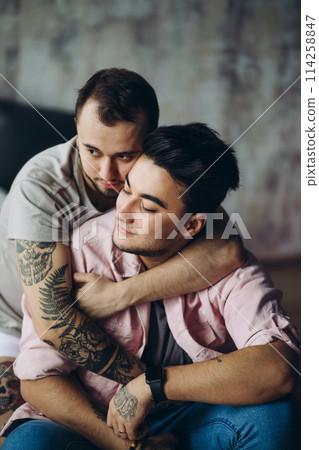 Gay couple at home, intimate moments of private life - Homosexual partners Gay couple at home, intimate moments of private life - Homosexual partners 114258847