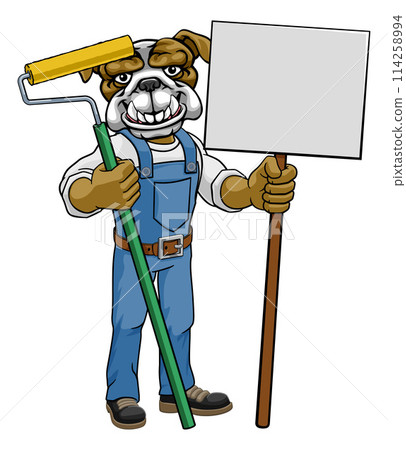 Bulldog Painter Decorator Paint Roller Mascot Man 114258994