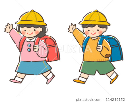 Set of boys and girls carrying school bags 114259152