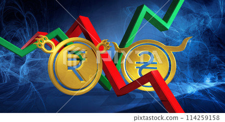 bullish uah to bearish inr currency. foreign exchange market 3d illustration of ukrainian hryvnia to indian rupee. money represented  as golden coins 114259158