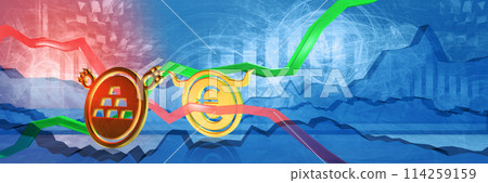 gold stock prices fall in eur. financial stability in europe. bearish commodity market concept. 3d illustration of cheap asset 114259159