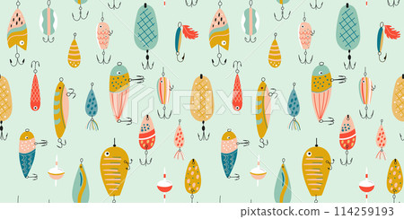 Fishing lures seamless pattern. Cute colorful fishing hook repeat background. Vector Fathers day wallpaper, print for Dad Fishing lures seamless pattern. Cute colorful fishing hook repeat background. Vector Fathers day wallpaper, print for Dad 114259193