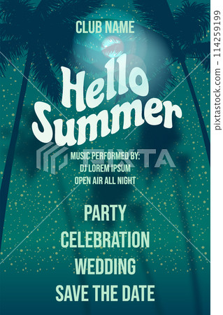 Hello Summer Party Time Template Design Night Beach Palms Party Poster, Flyer Hello Summer Party Time Template Design Night Beach Palms Party Poster, Flyer 114259199
