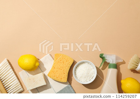 Towel, brushes, sponge and ingredients for natural detergent on beige background, space for text 114259207